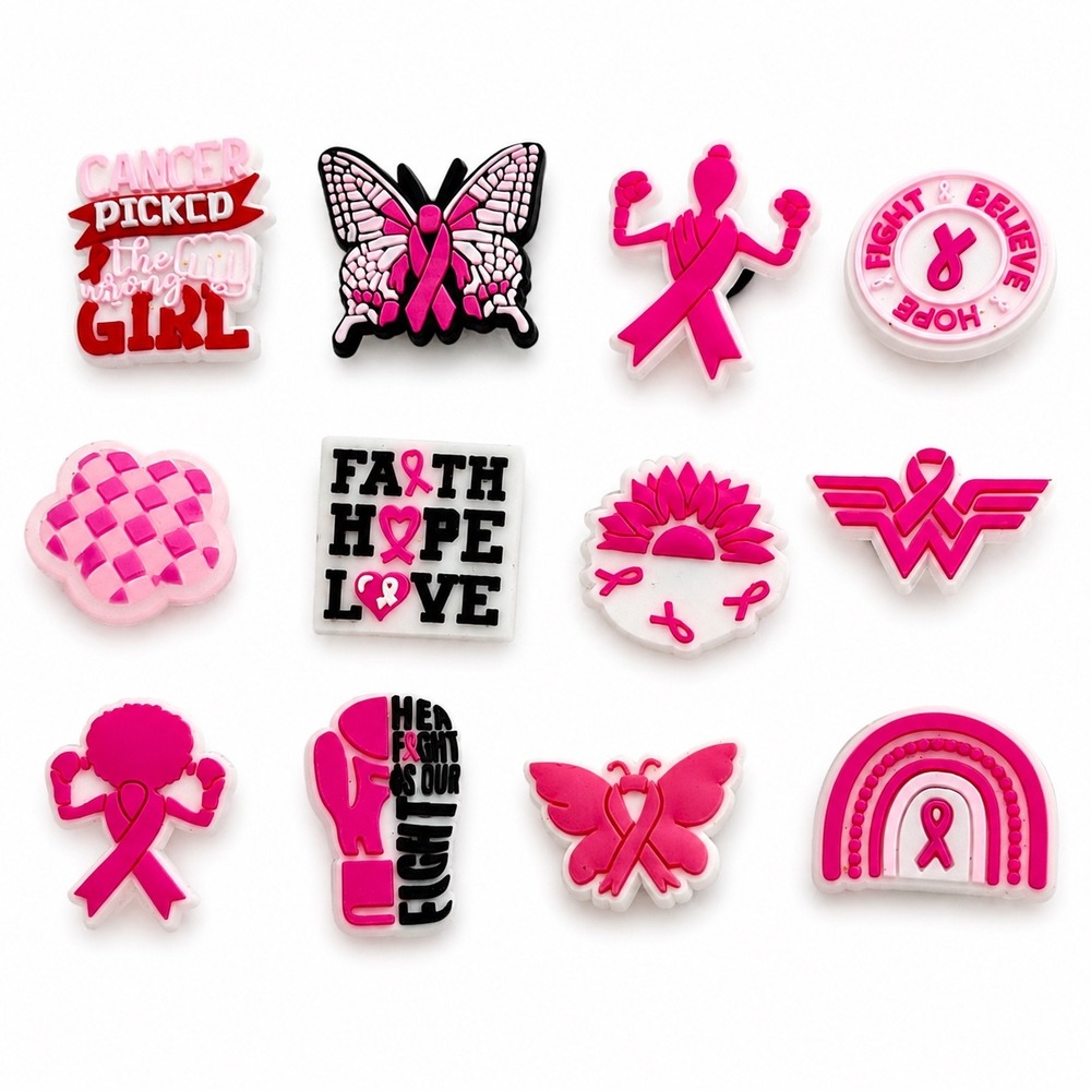 12pc Pink Breast Cancer Awareness Shoe Charms Ribbon Hope Survivor Jibbitz